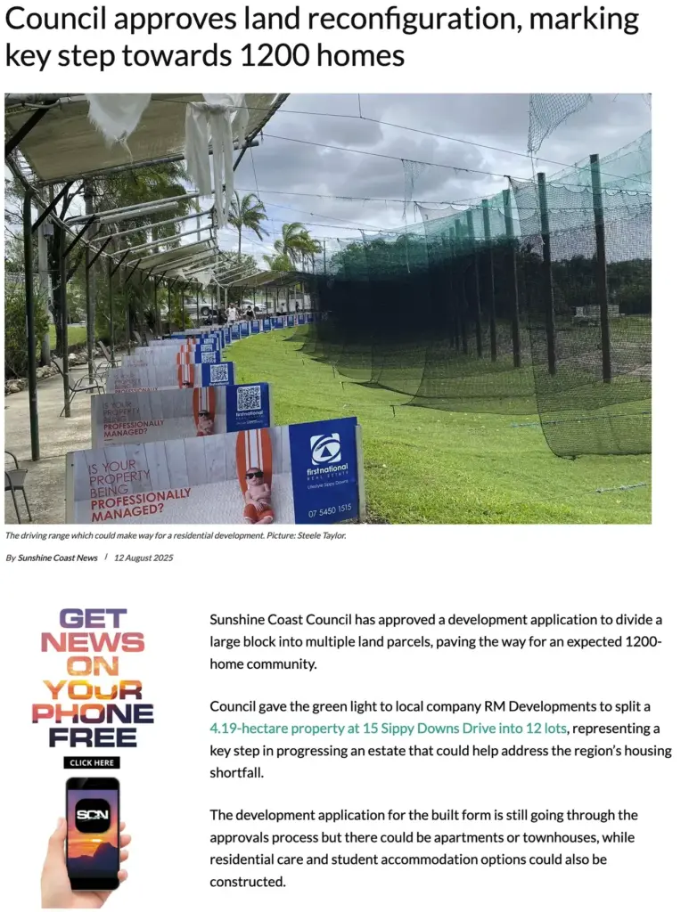 Article image from Sunshine Coast News about Sippy Downs development at Chancellor Park Driving Range click to read full article
