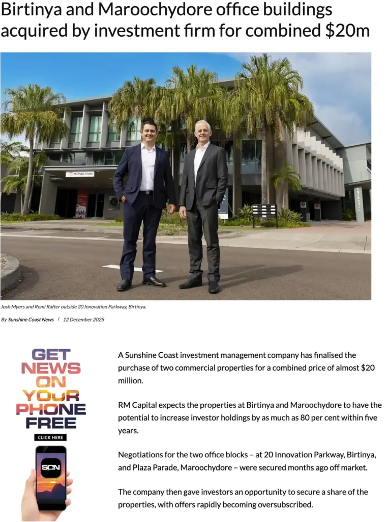 Article image from Sunshine Coast News about commercial office acquisitions in Birtinya and Maroochydore click to read full article