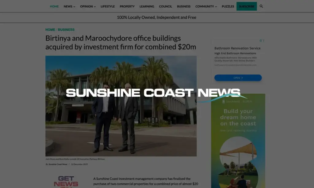 Rafter Myers - In the media - Sunshine Coast News - Birtinya and Maroochydore acquisition