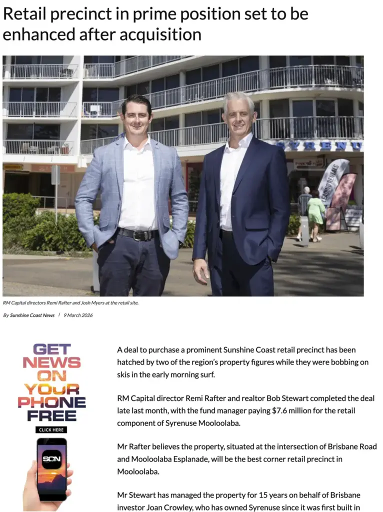 Article image from Sunshine Coast News about acquisition of Syrenuse Retail Mooloolaba click to read full article