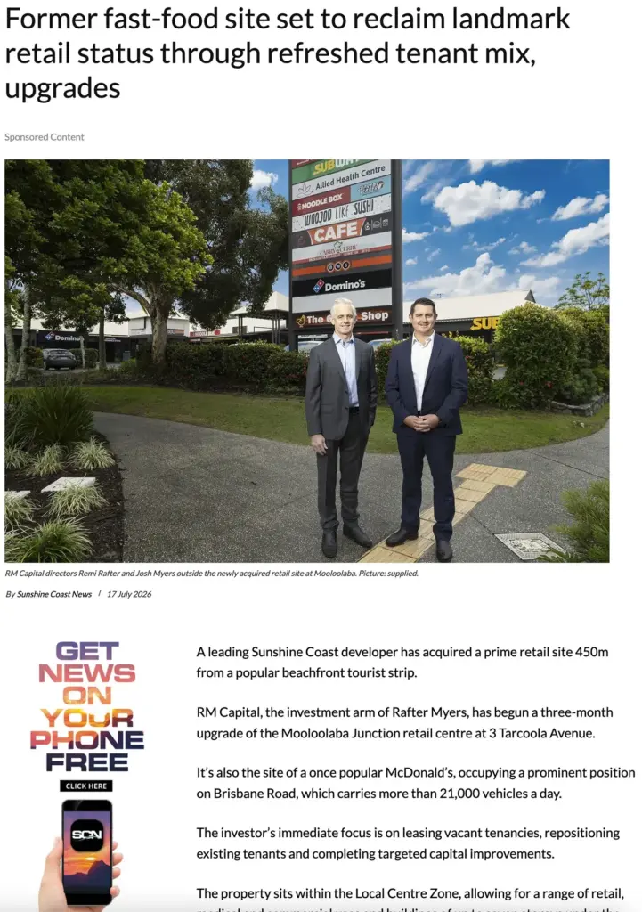 Article image from Sunshine Coast News about Mooloolaba Convenience Centre acquisition click to read full article